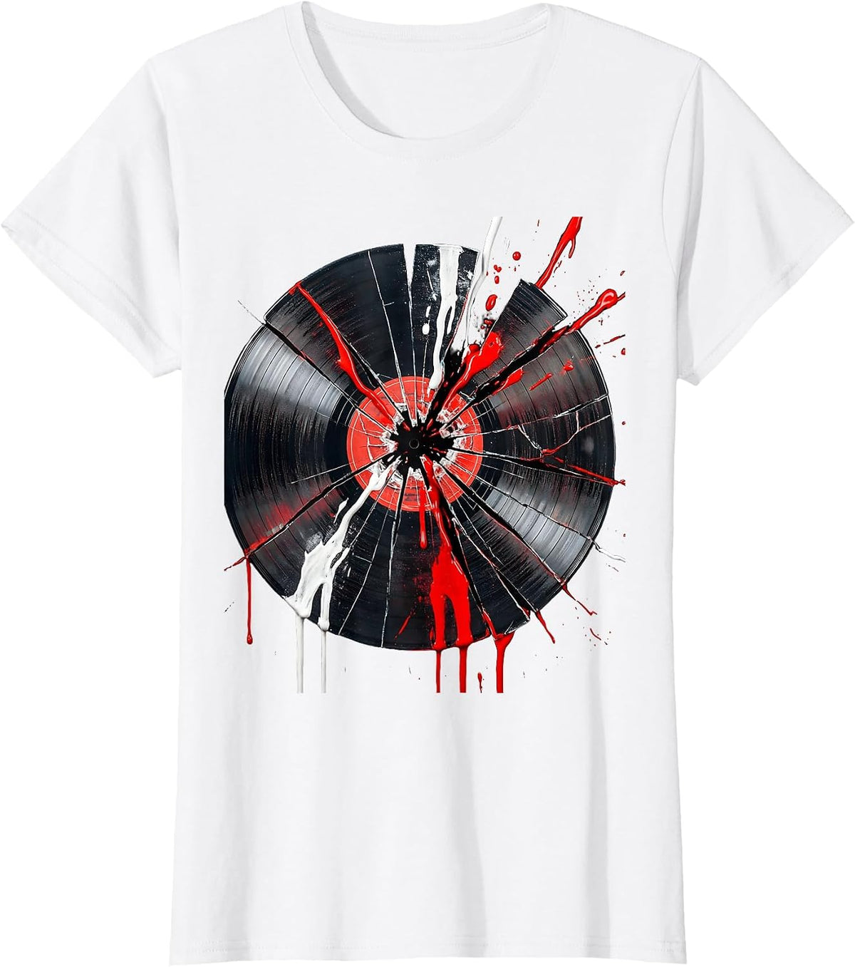 Grunge Dripping Paint Shattered Vinyl Record T-Shirt - White