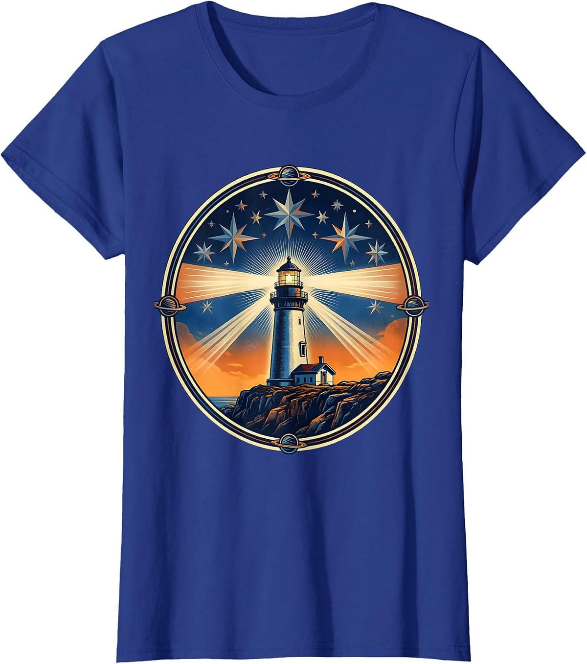 Women's Puerto Rico Lighthouse Starry Night Glowing Cliff T-Shirt - Royal Blue