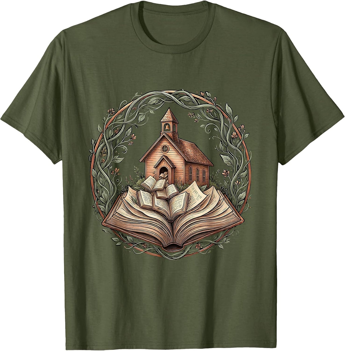 Reading Teacher Vintage Schoolhouse Books Graphic T-Shirt - Olive Green