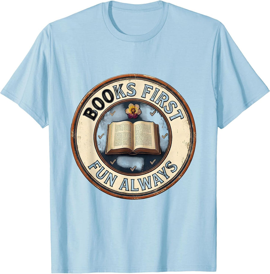 Men's Books First Fun Always Vintage Librarian Book Lover Humor T-Shirt - Baby Blue