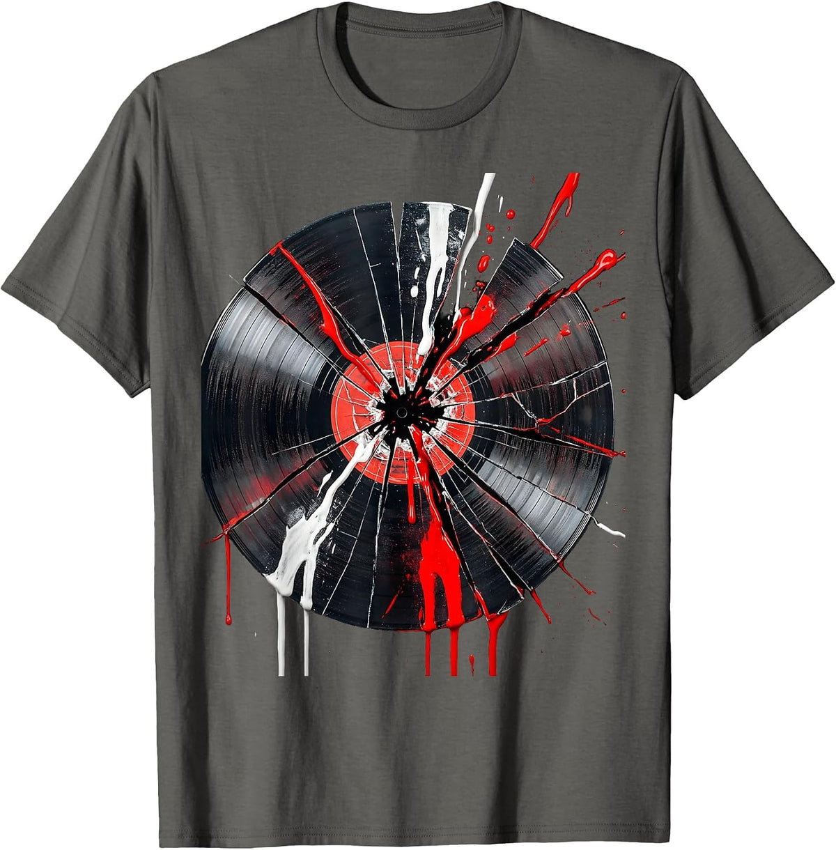 Grunge Dripping Paint Shattered Vinyl Record T-Shirt - Asphalt Grey