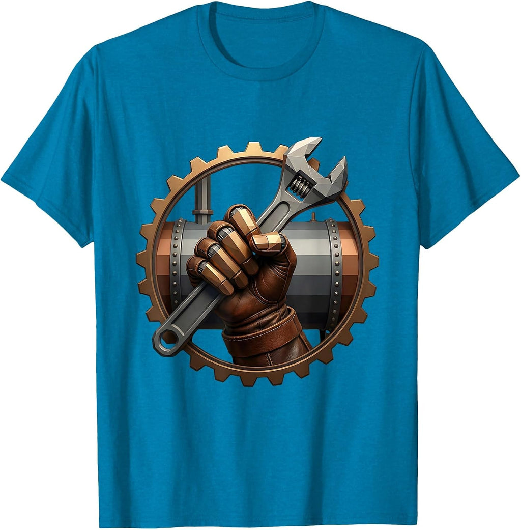 Steampunk Wrench and Boiler Mechanic Illustration T-Shirt - Sapphire Blue