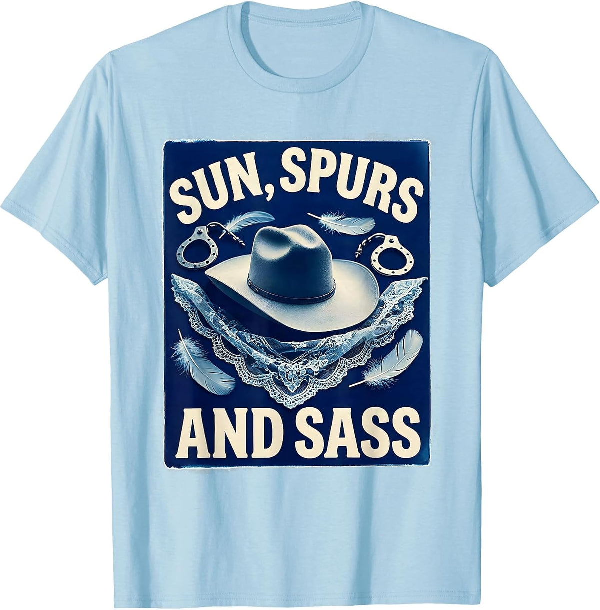 Men's Sun Spurs and Sass White Cowgirl Design T-Shirt - Baby Blue