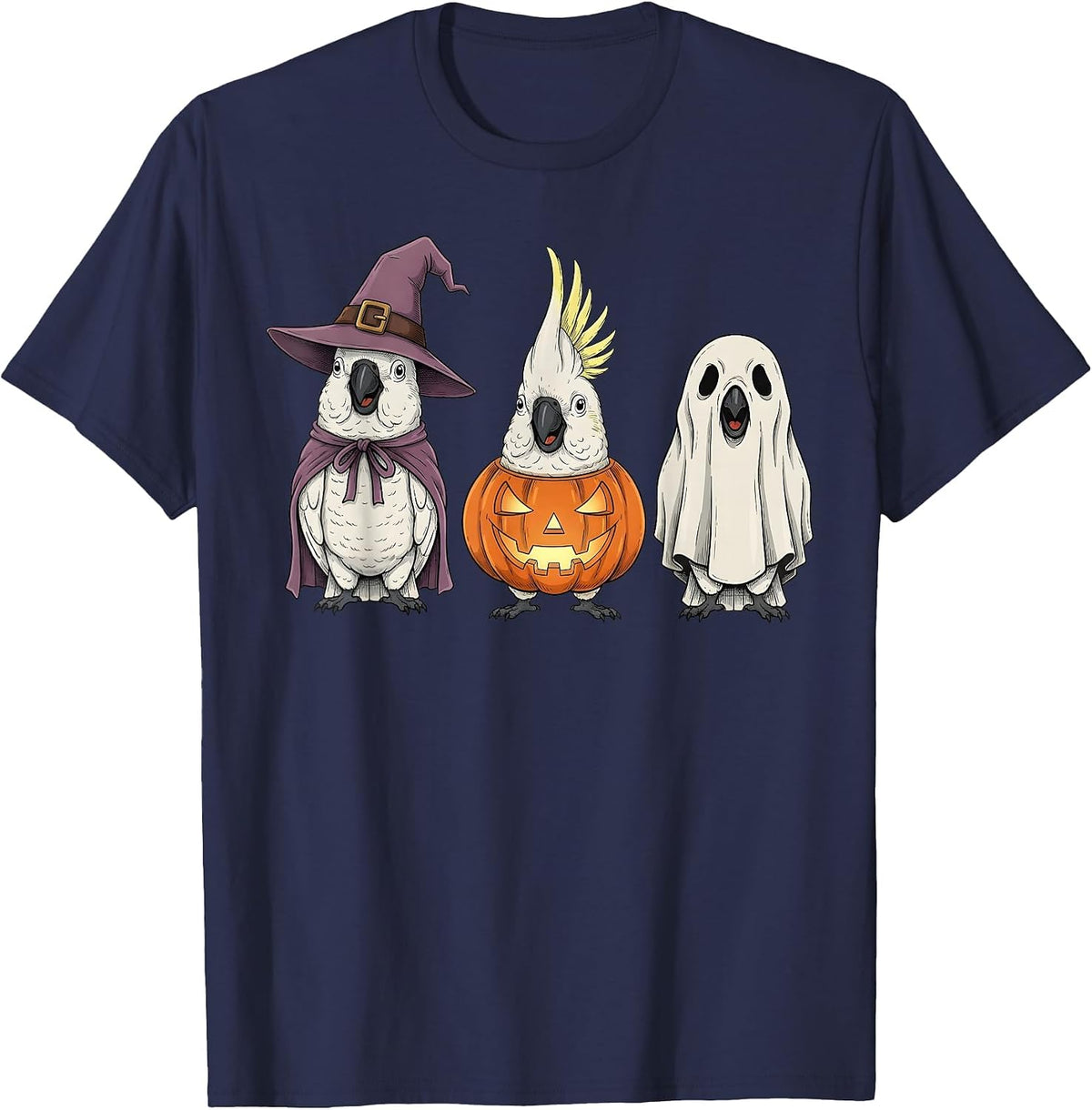 Spooky Ghost White Cockatoo Parrot Lover Pumpkin Halloween T-Shirt - Navy Blue