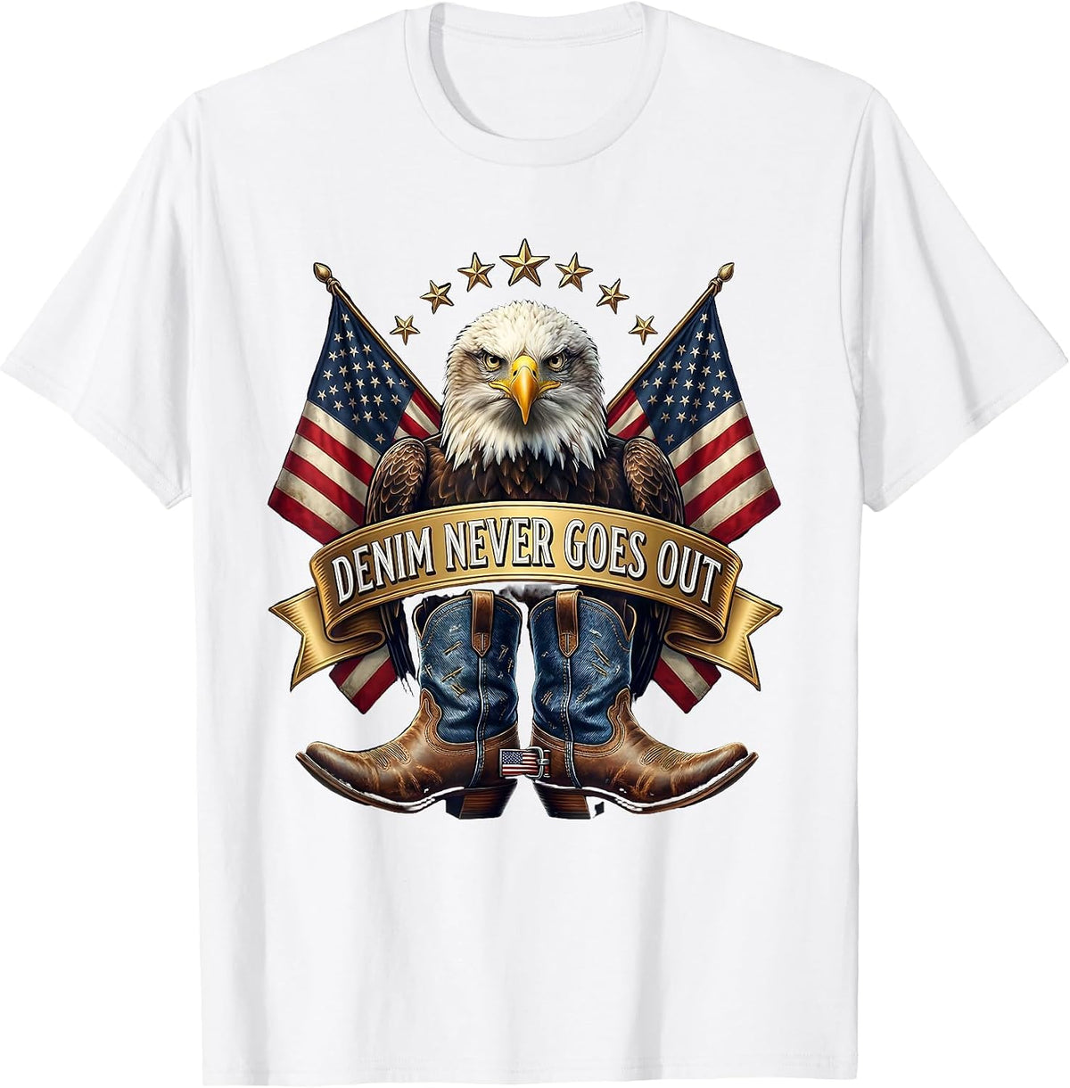 Men's Denim Never Goes Out Cowgirl Design T-Shirt - White
