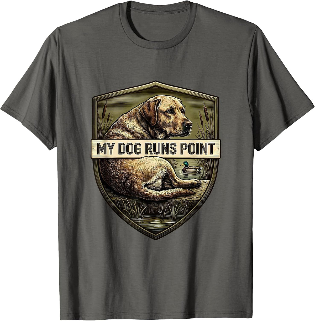 Men's My Dog Runs Point Emblem Local Boy Hunting Dog Waterfowl T-Shirt - Asphalt Grey