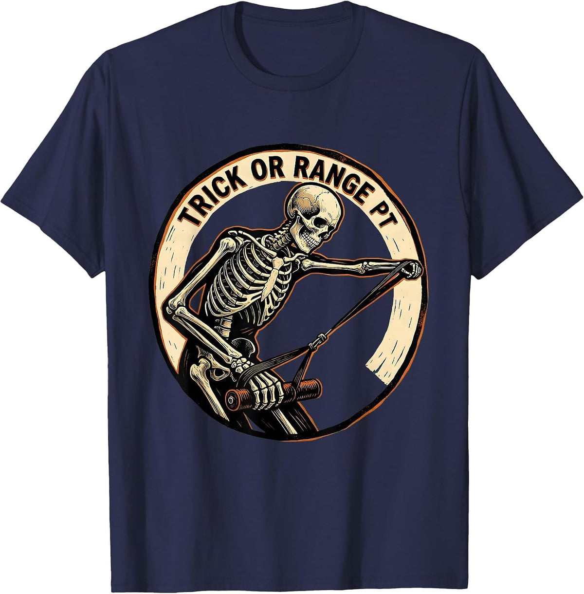Men's Trick Or Range PT Linocut Halloween Physical Therapy T-Shirt - Navy Blue