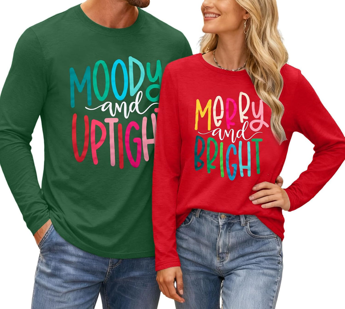Couples Long Sleeve Christmas Shirts Funny His and Hers Xmas Tshirt - A-red(women)