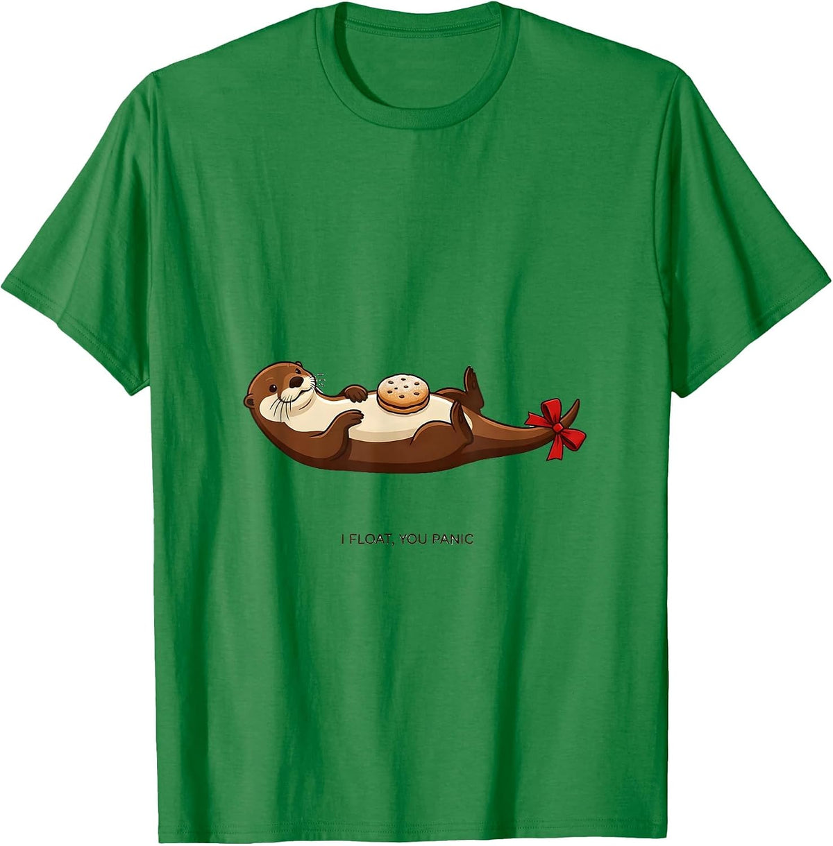 Men's I Float, You Panic Whimsical Otter Christmas Pun Holiday T-Shirt - Kelly Green