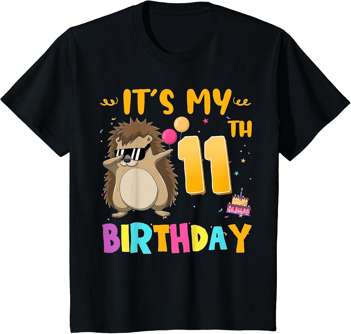 It's My 11th Birthday Dabbing Hedgehog 11 Years Old T-Shirt - Black