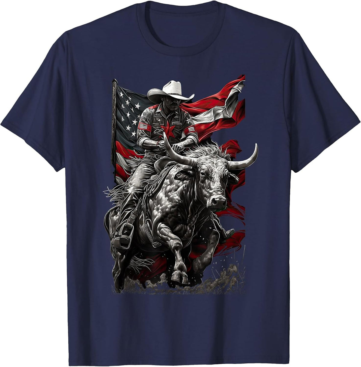 Rodeo Bucking Bull Riding Cowboy Western T-Shirt - Navy Blue