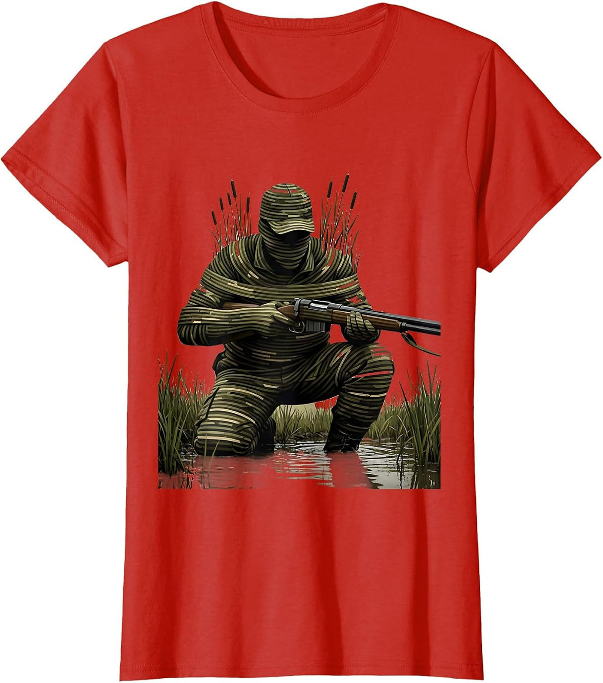 Camo Duck Hunter in Marsh Reeds Illustration T-Shirt - Red