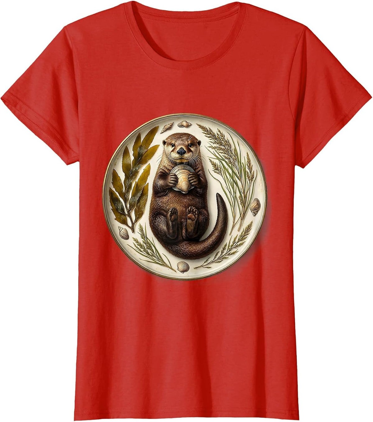 Otter Cracking Clam at Sunset Graphic T-Shirt - Red