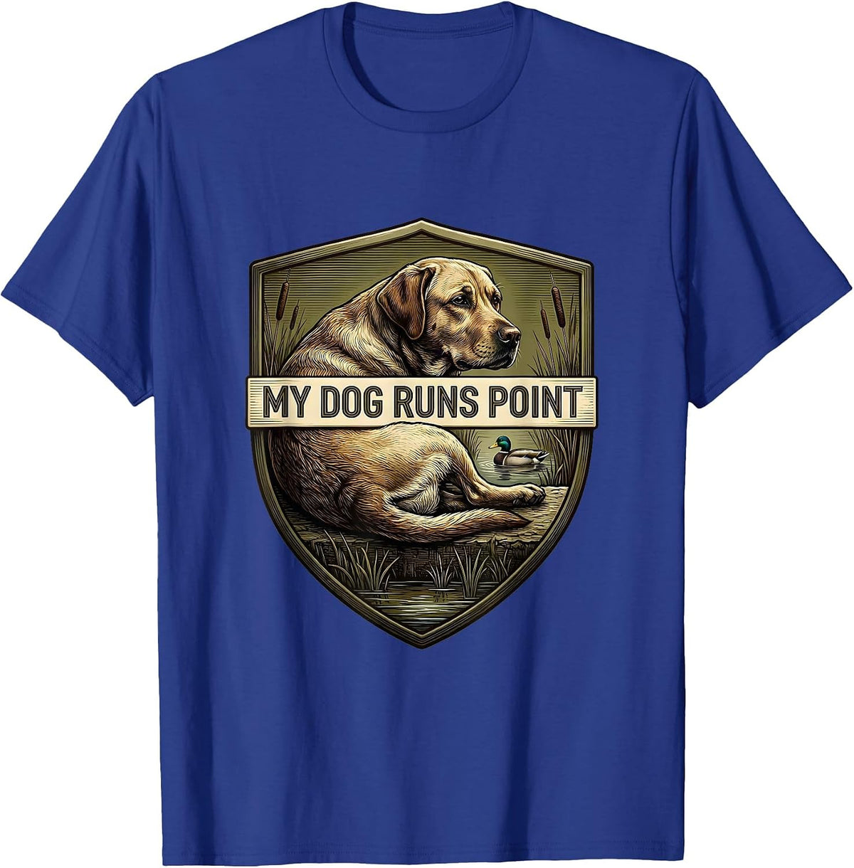 Men's My Dog Runs Point Emblem Local Boy Hunting Dog Waterfowl T-Shirt - Royal Blue
