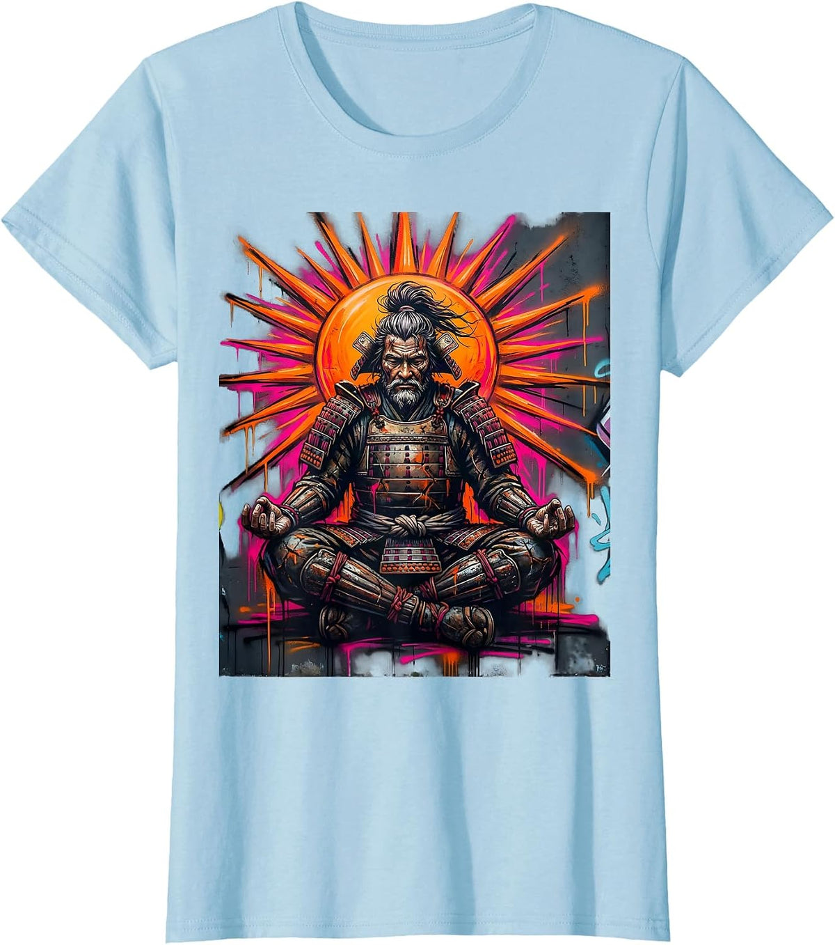 Aged Samurai Warrior Meditating at Sunrise T-Shirt - Baby Blue