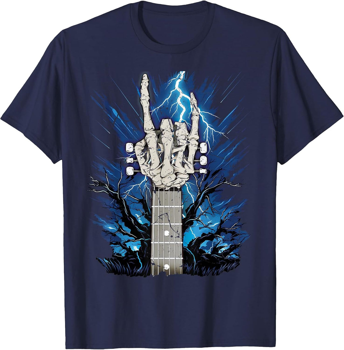 Rock On Skeleton Hand Guitar Neck Rock & Roll Halloween T-Shirt - Navy Blue