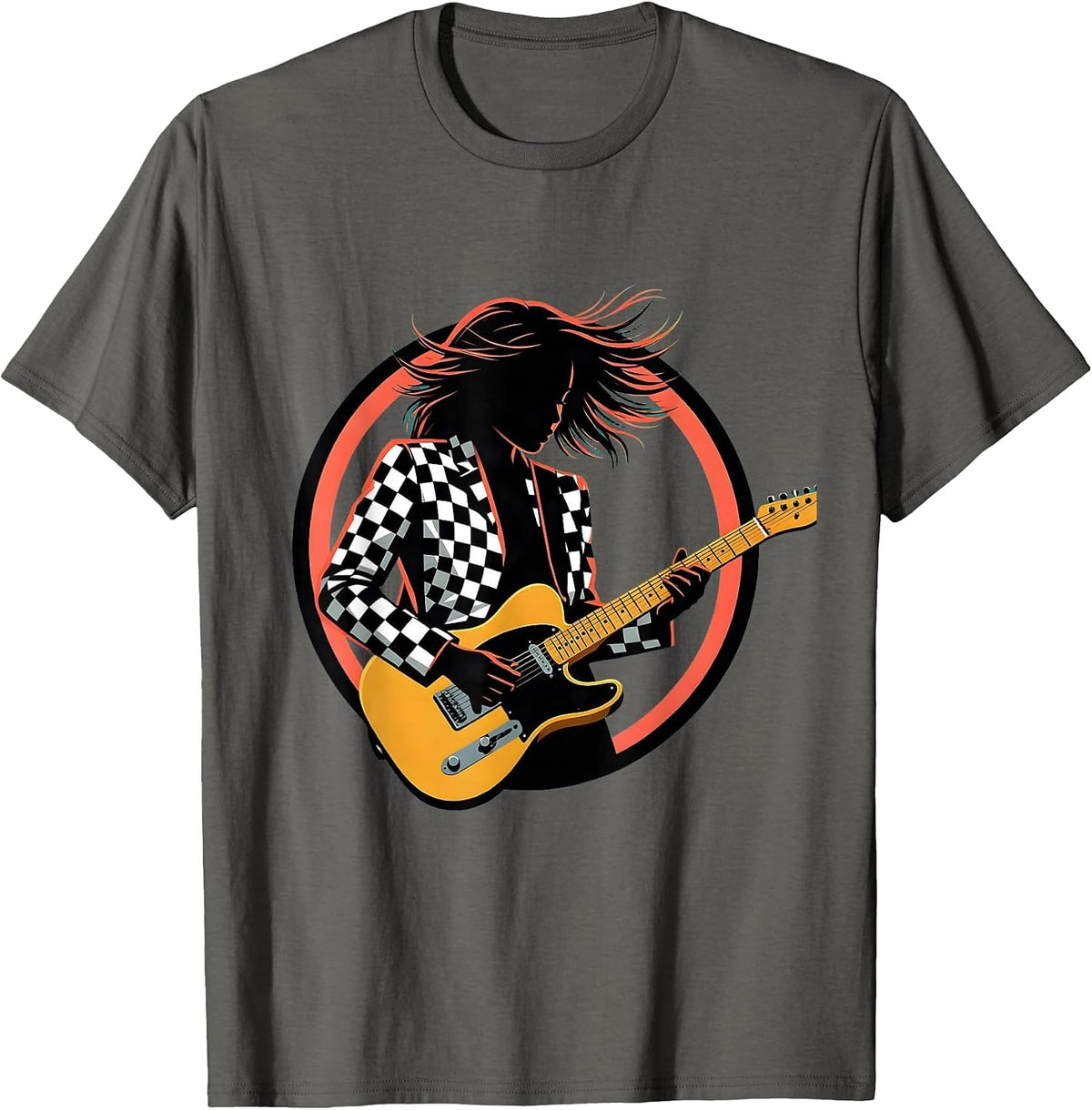 Checkered Jacket Electric Guitar Player Graphic T-Shirt - Asphalt Grey