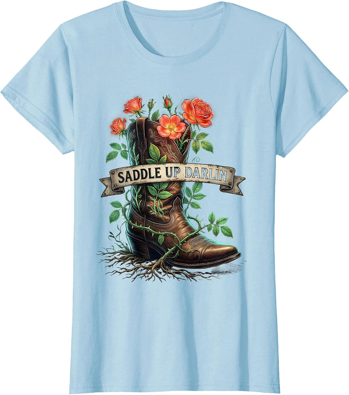 Women's Saddle Up Darlin Cowboy Western Graphic Design T-Shirt - Baby Blue