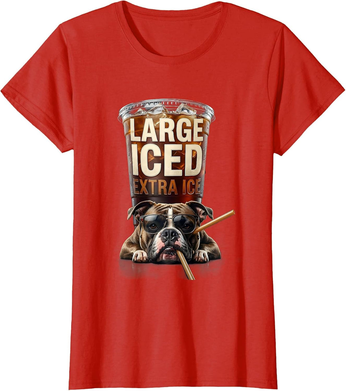 Women's Large Iced Extra Ice Funny Pitbull Drinking Iced Coffee Meme T-Shirt - Red