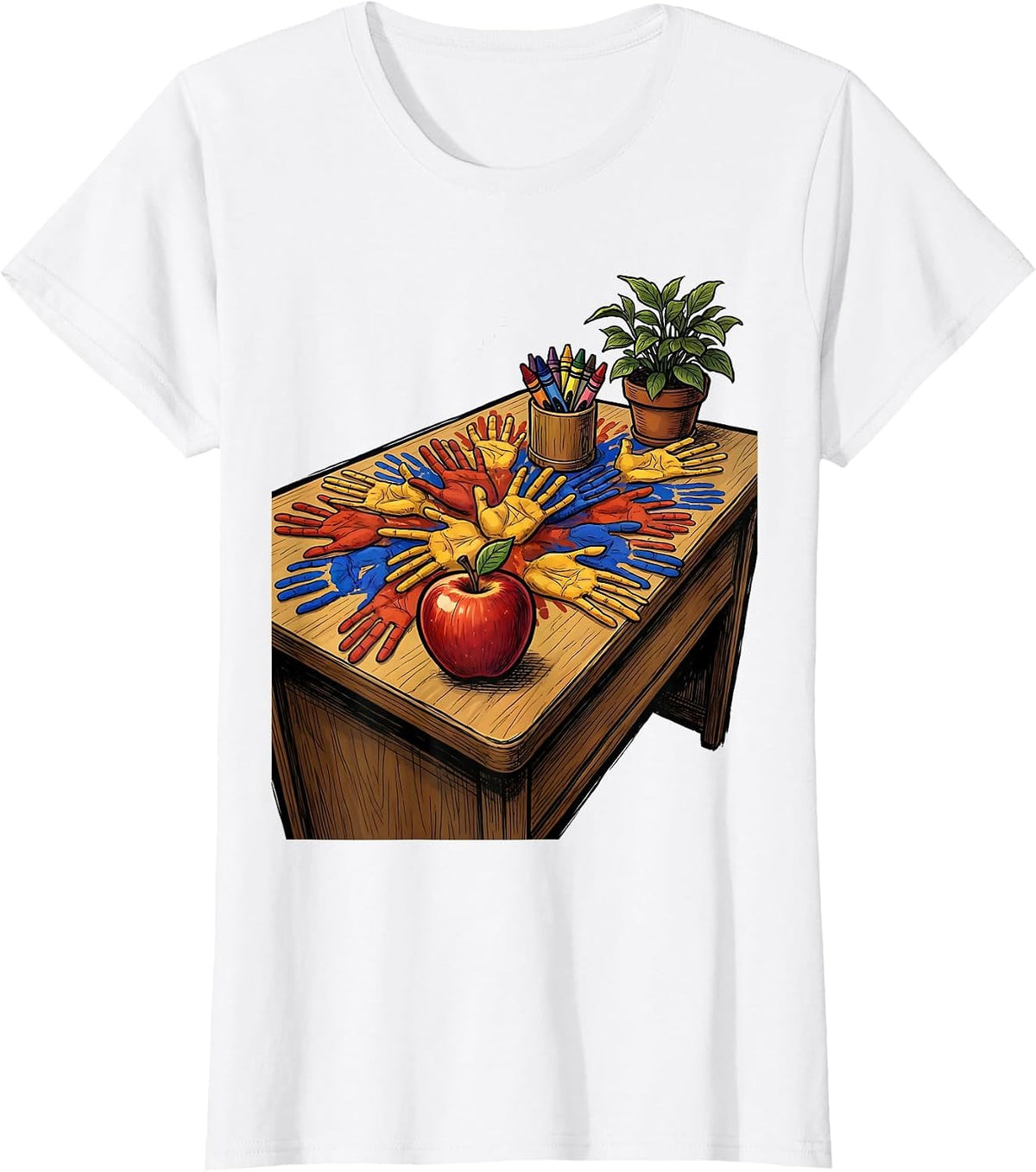 Third Grade Teacher Tiny Handprints Desk Design T-Shirt - White