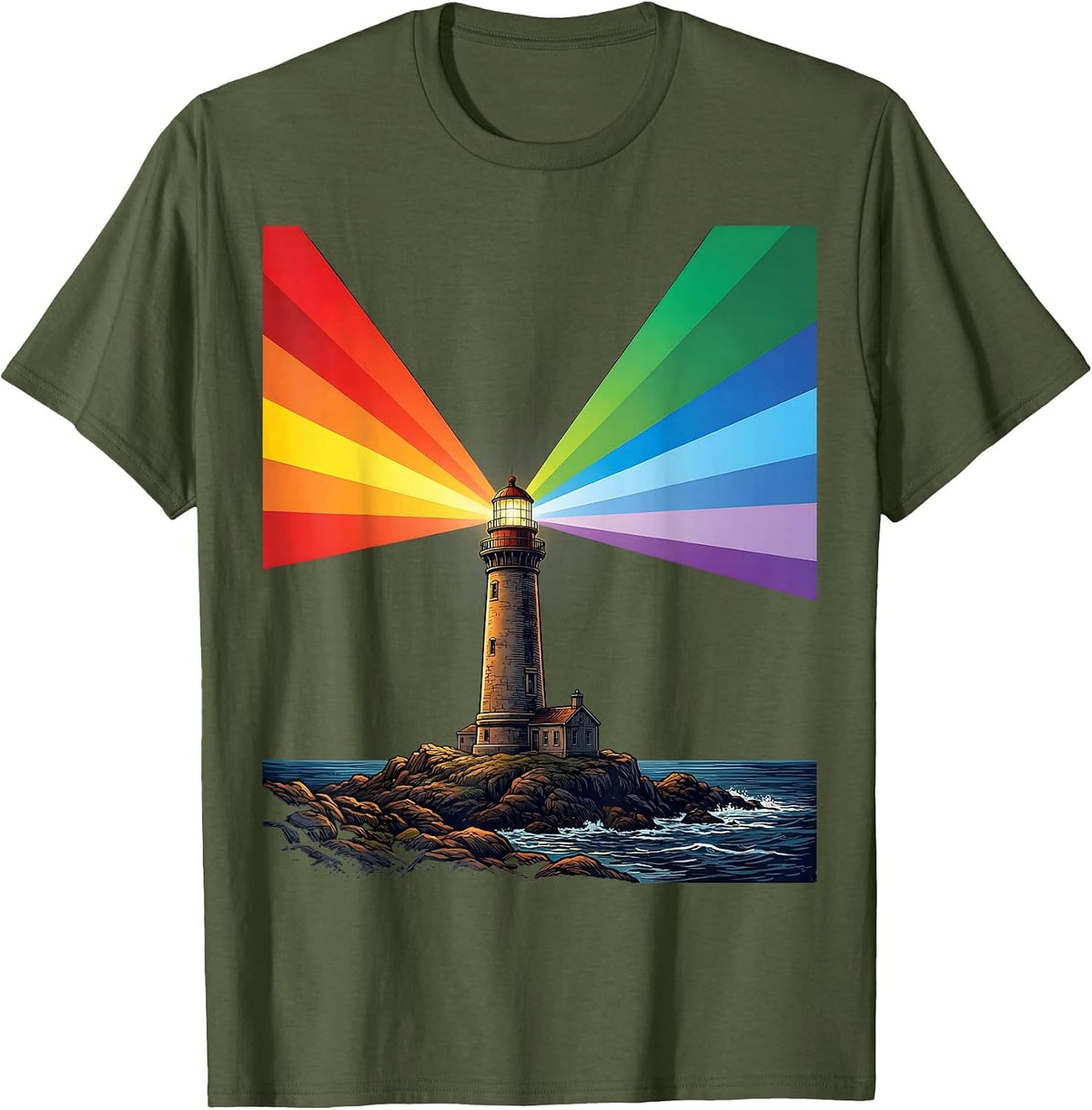 Autism Awareness Rainbow Lighthouse Graphic T-Shirt - Olive Green