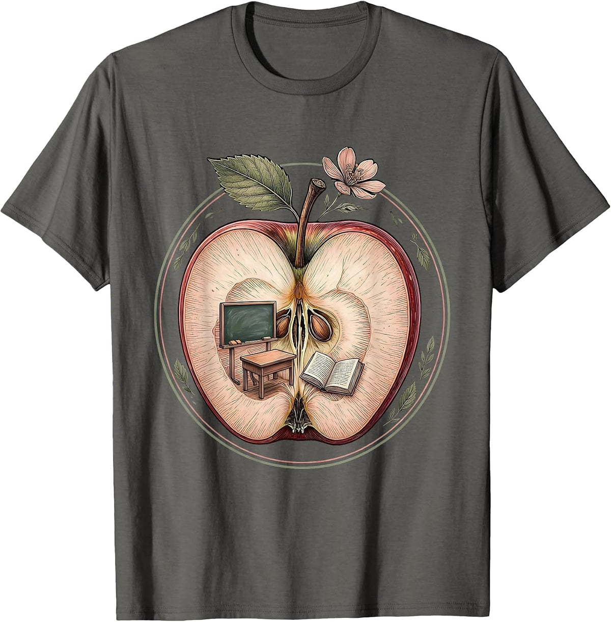 Men's Apple Classroom Illustration Elementary Teacher Gift T-Shirt - Asphalt Grey