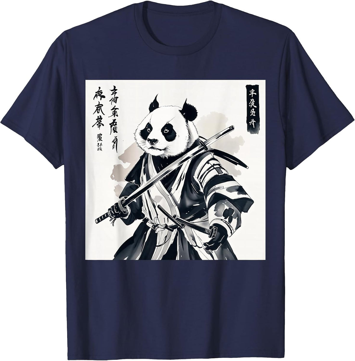 Samurai Panda Graphic Warrior Art tee Japanese Anime Ukiyo-e T-Shirt - Navy Blue