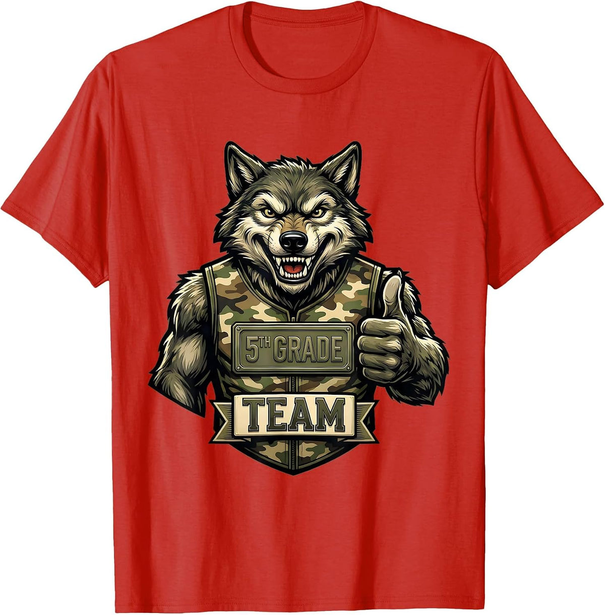 Men's 5TH GRADE TEAM Retro Camo Wolf Back To School Boy T-Shirt - Red
