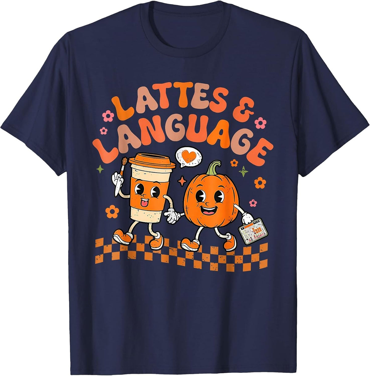Groovy Speech Therapy Autumn Pumpkin Lattes Tee and Language T-Shirt - Navy Blue