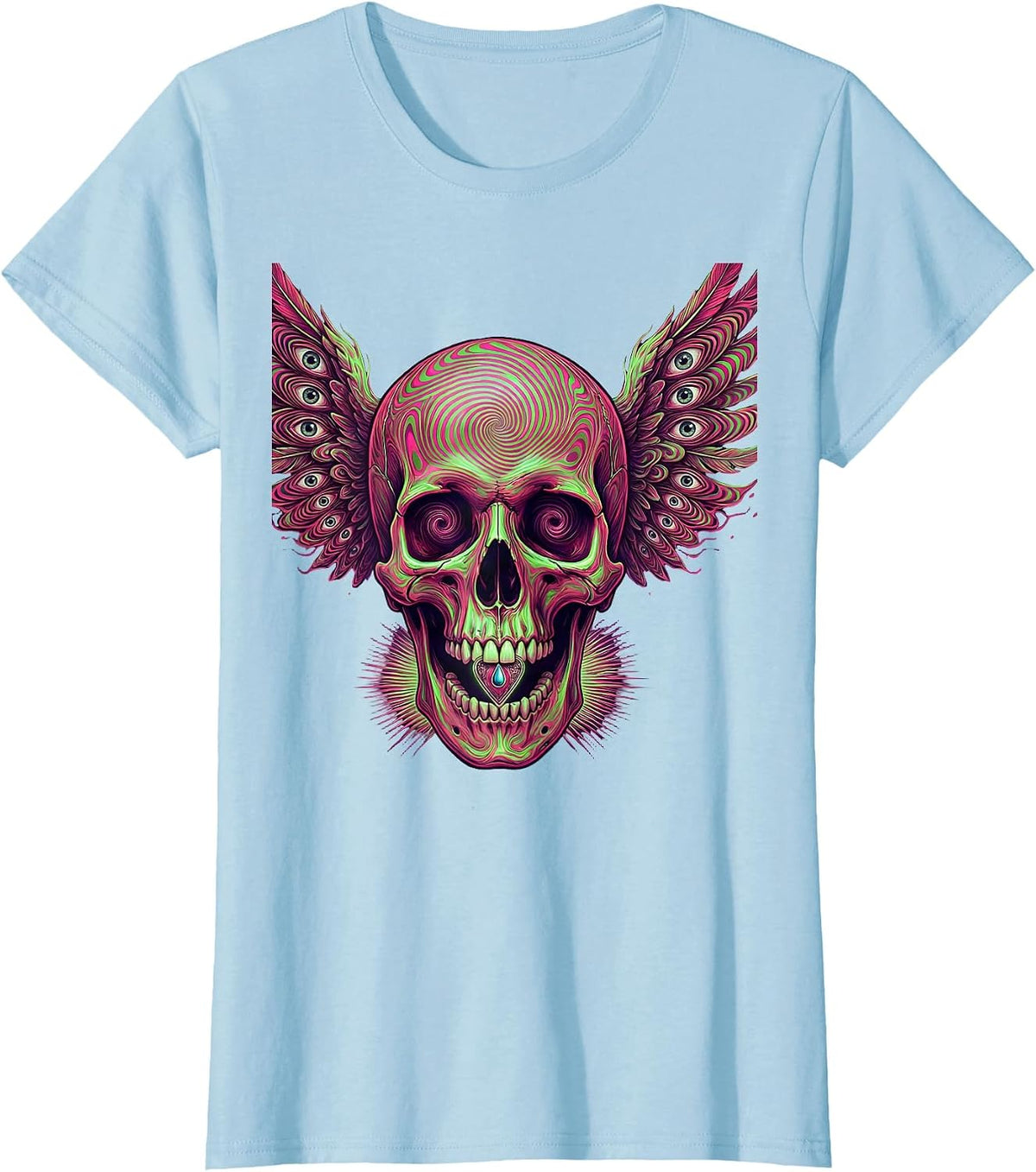 Women's Winged Skull Guitar Pick Rock Band Graphic T-Shirt - Baby Blue