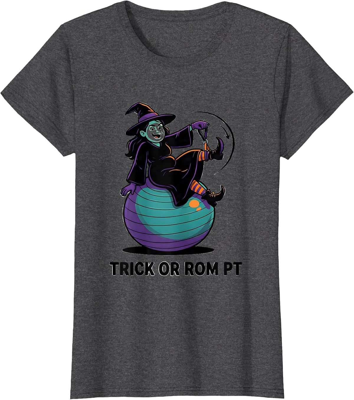 Women's Trick Or ROM PT Cartoon Physical Therapy Halloween Therapist T-Shirt - Dark Heather Grey