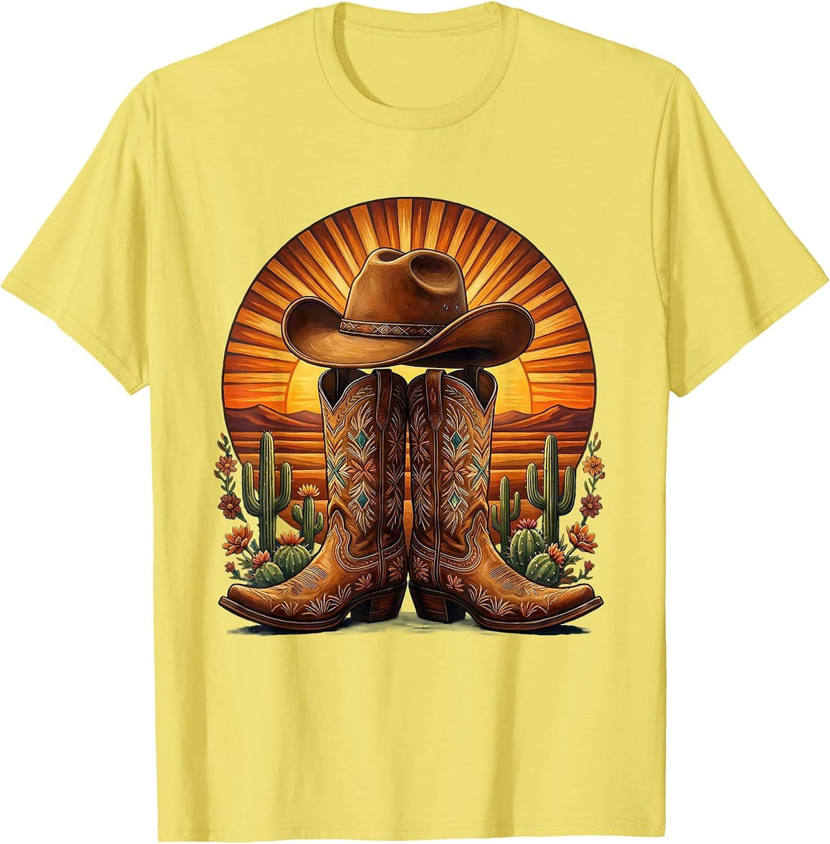 Men's Cowgirl Boots and Hat Desert Sunset Graphic T-Shirt - Lemon Yellow