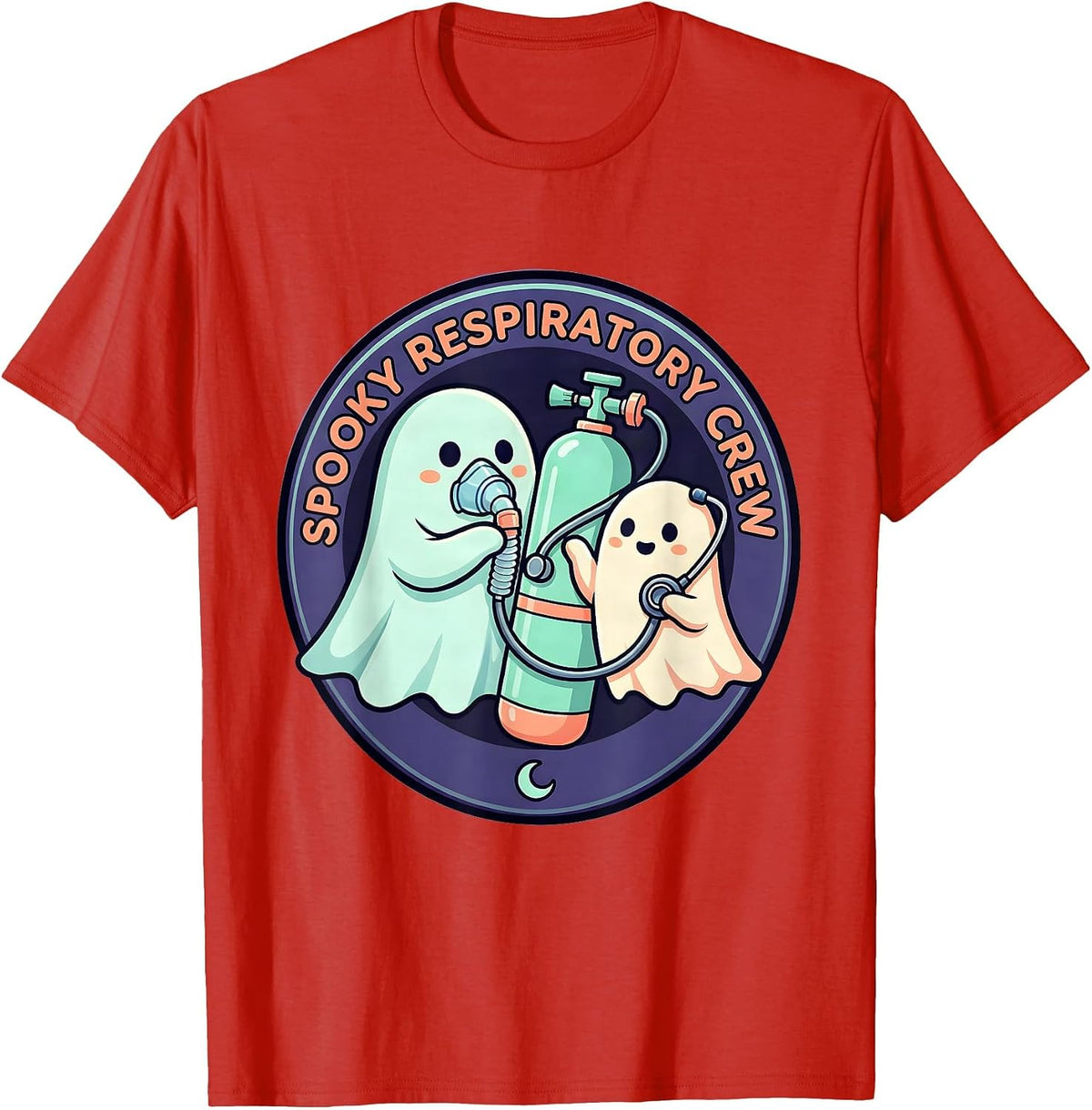 Men's Spooky Respiratory Crew Cute Ghost Halloween Occupational T-Shirt - Red