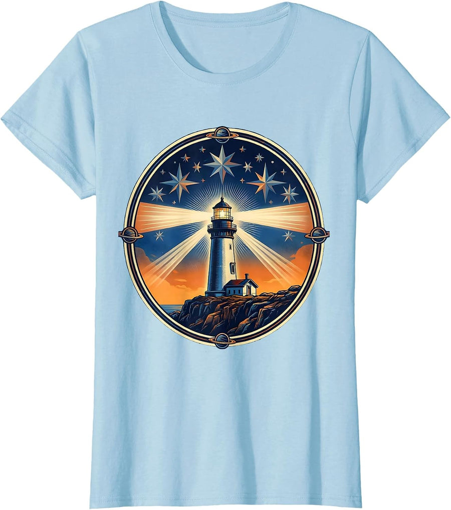 Women's Puerto Rico Lighthouse Starry Night Glowing Cliff T-Shirt - Baby Blue