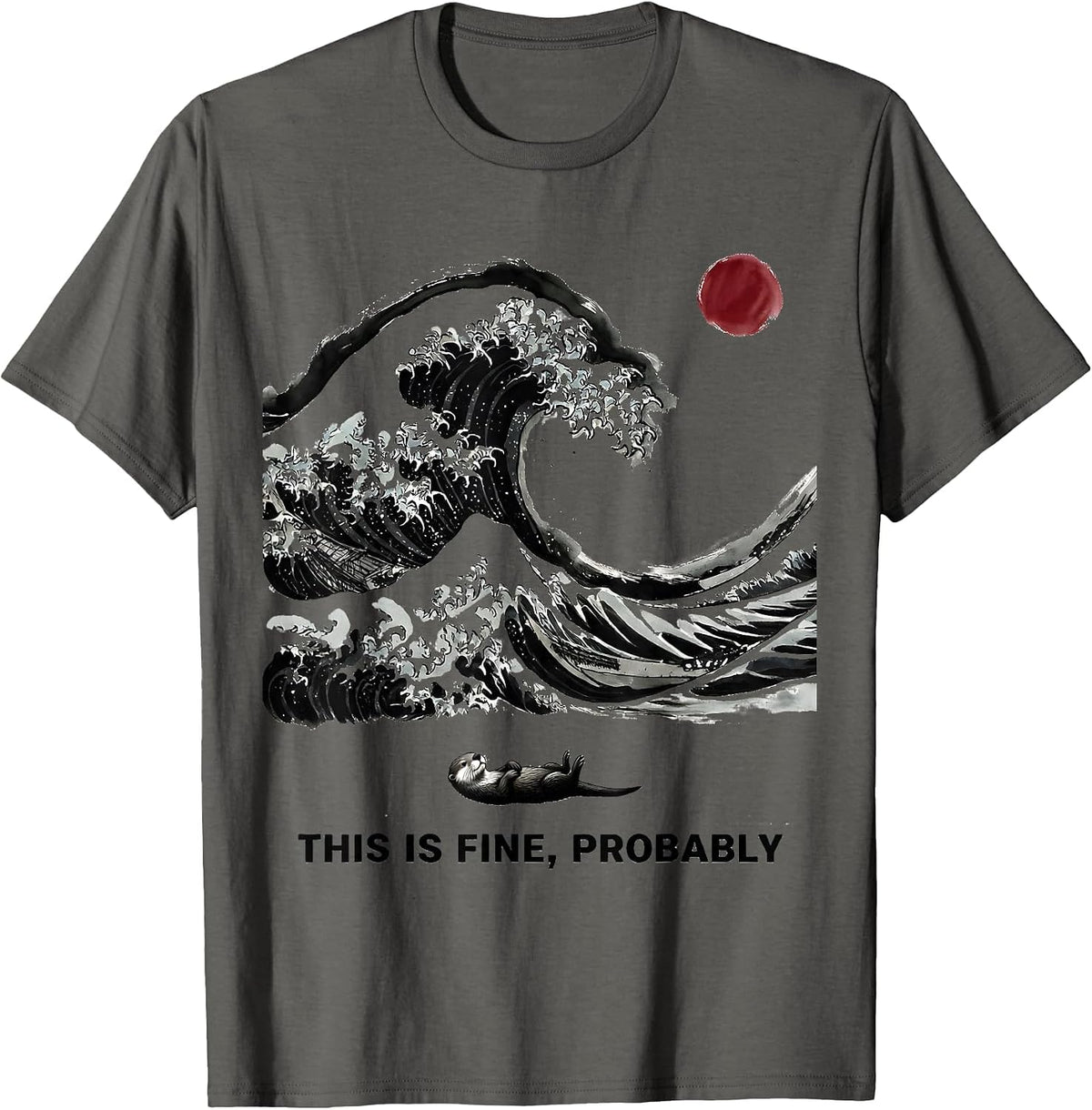 Men's This Is Fine, Probably Funny Otter Japanese Art Great Wave T-Shirt - Asphalt Grey