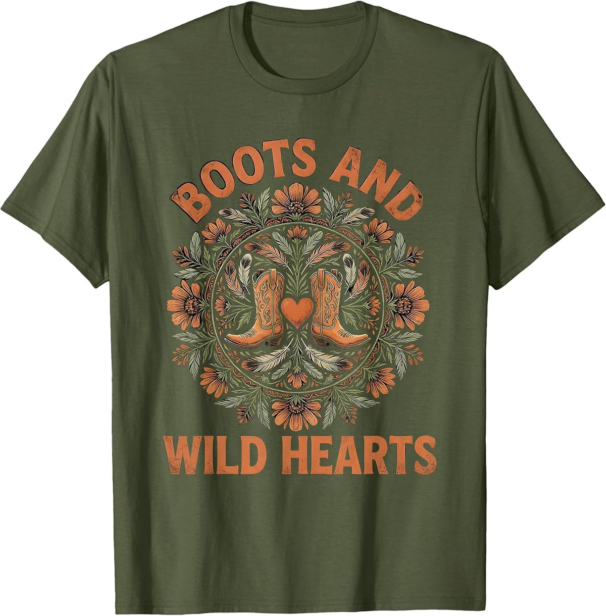 Men's Boots and Wild Hearts Cowgirl Western Design T-Shirt - Olive Green