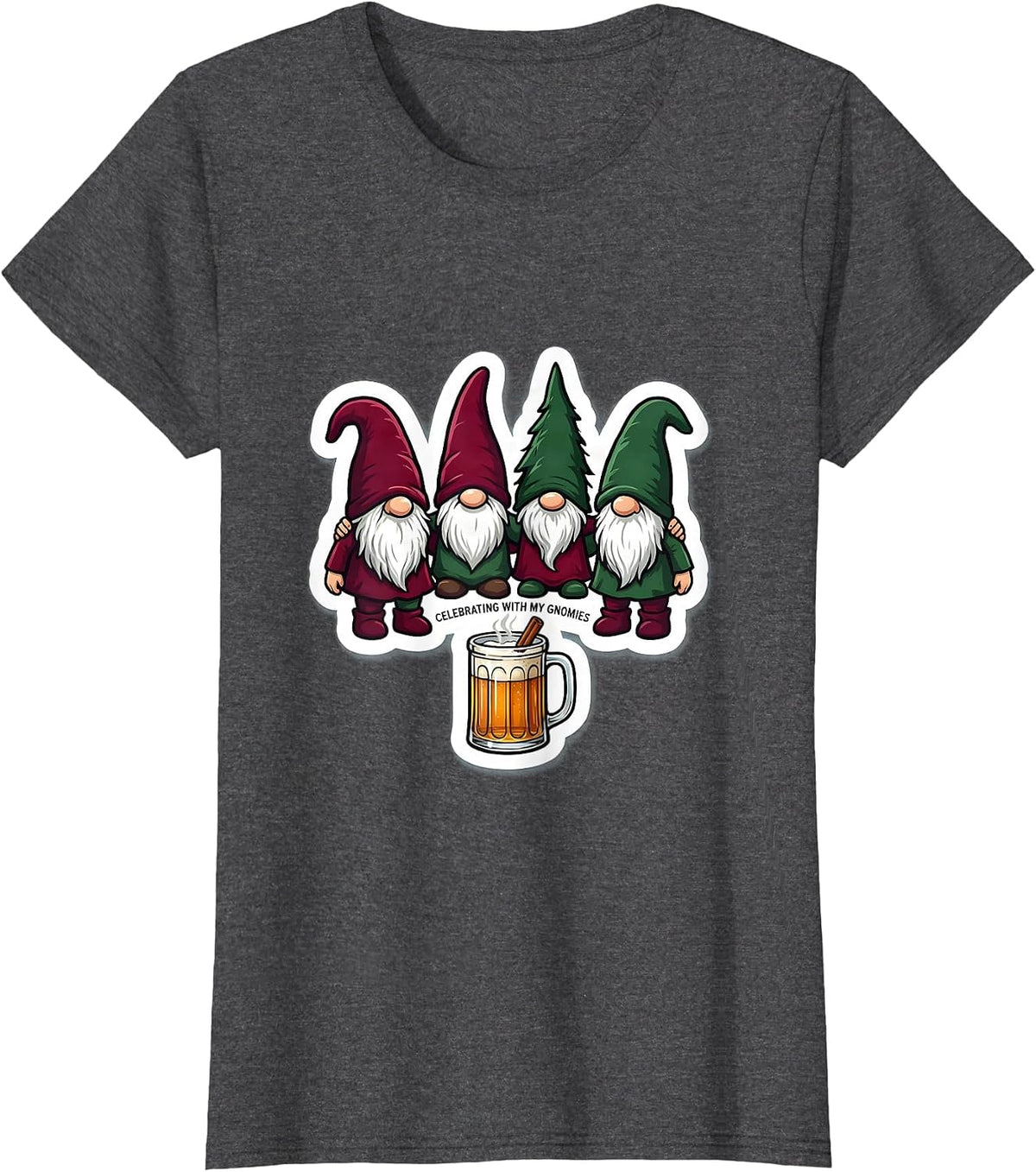 Women's Celebrating With My Gnomies Funny Gnome Friend Christmas T-Shirt - Dark Heather Grey