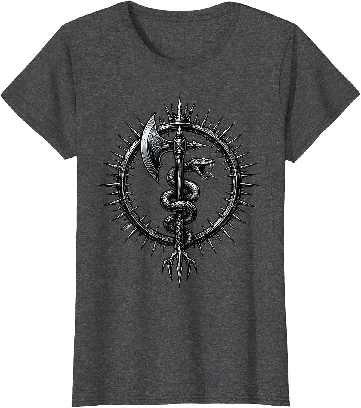 Women's Serpent and Battle Axe Metal Graphic Tee T-Shirt - Dark Heather Grey