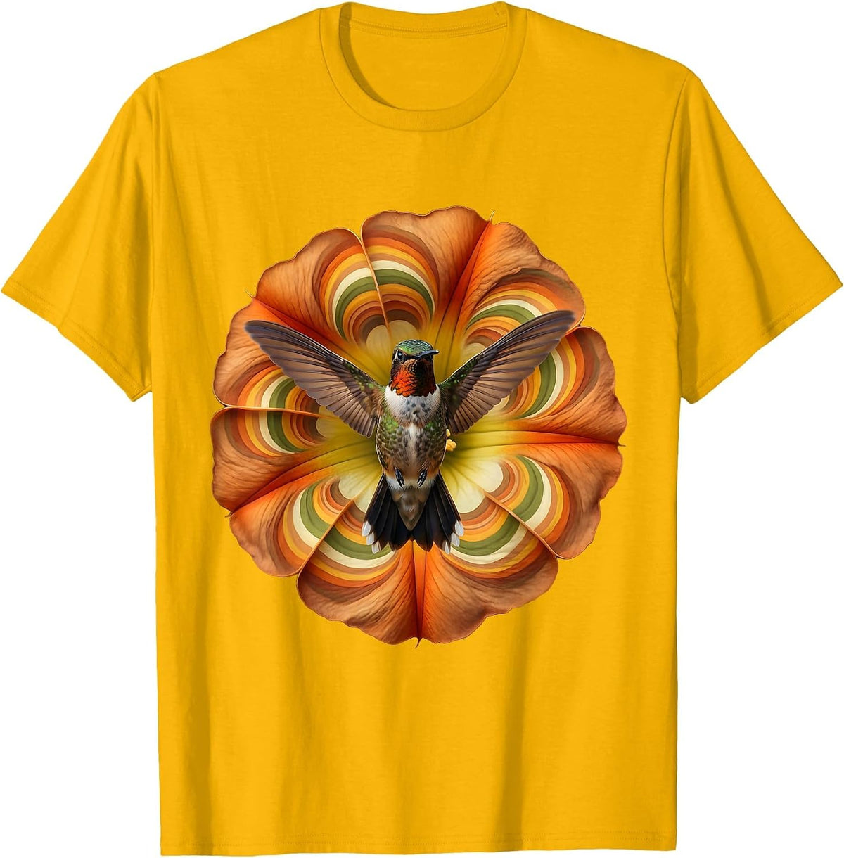 Hummingbird Trumpet Flower Botanical Art T-Shirt - Golden Yellow