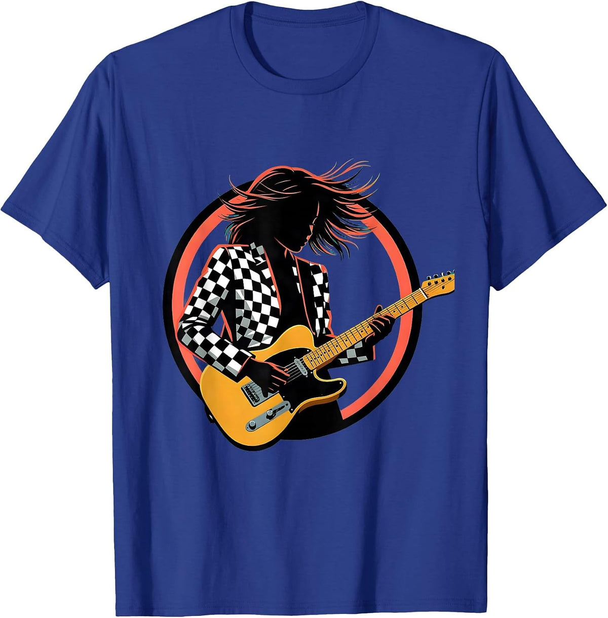 Checkered Jacket Electric Guitar Player Graphic T-Shirt - Royal Blue