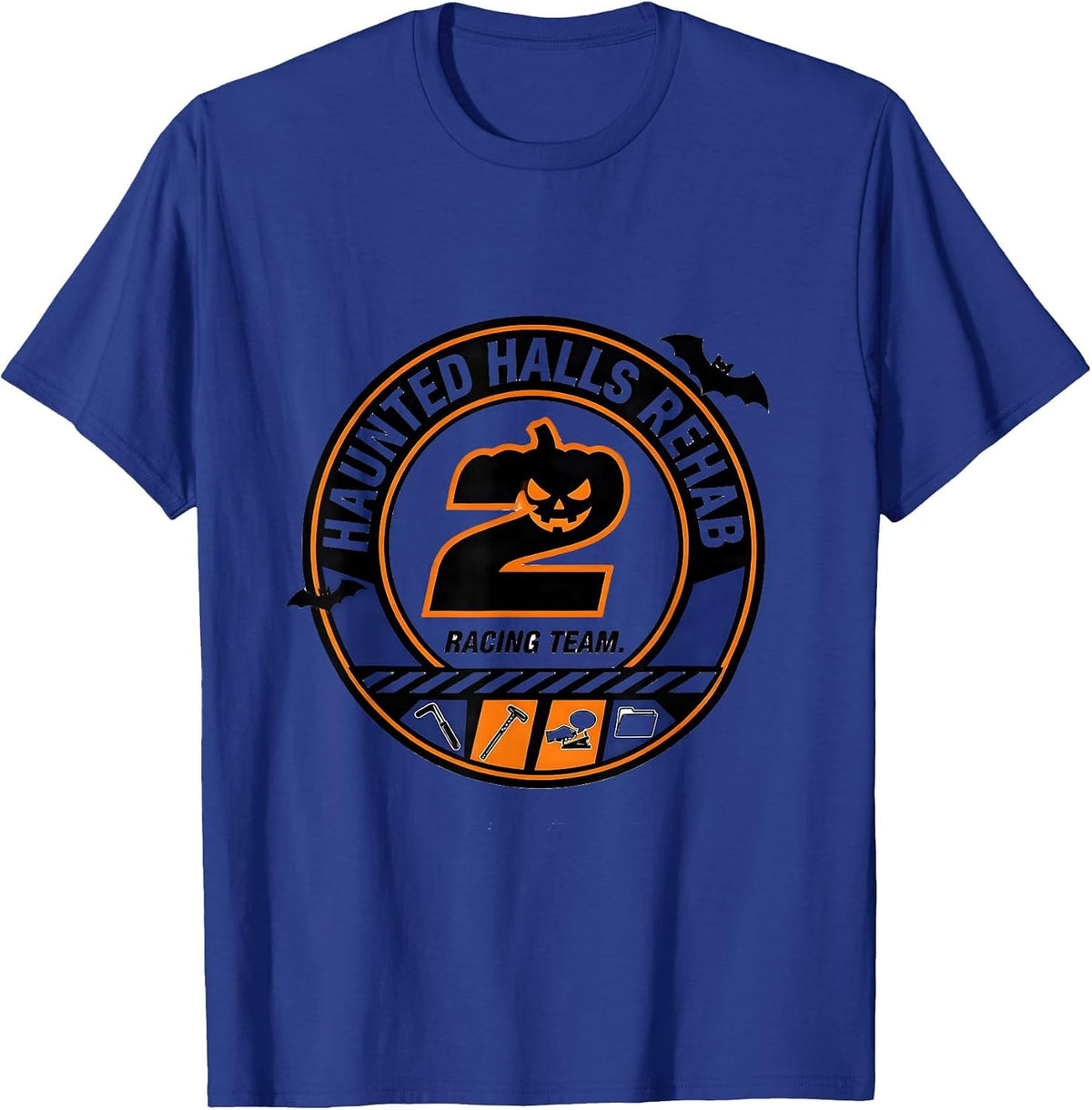 Haunted Halls Rehab Racing Team Funny Physical Therapy T-Shirt - Royal Blue