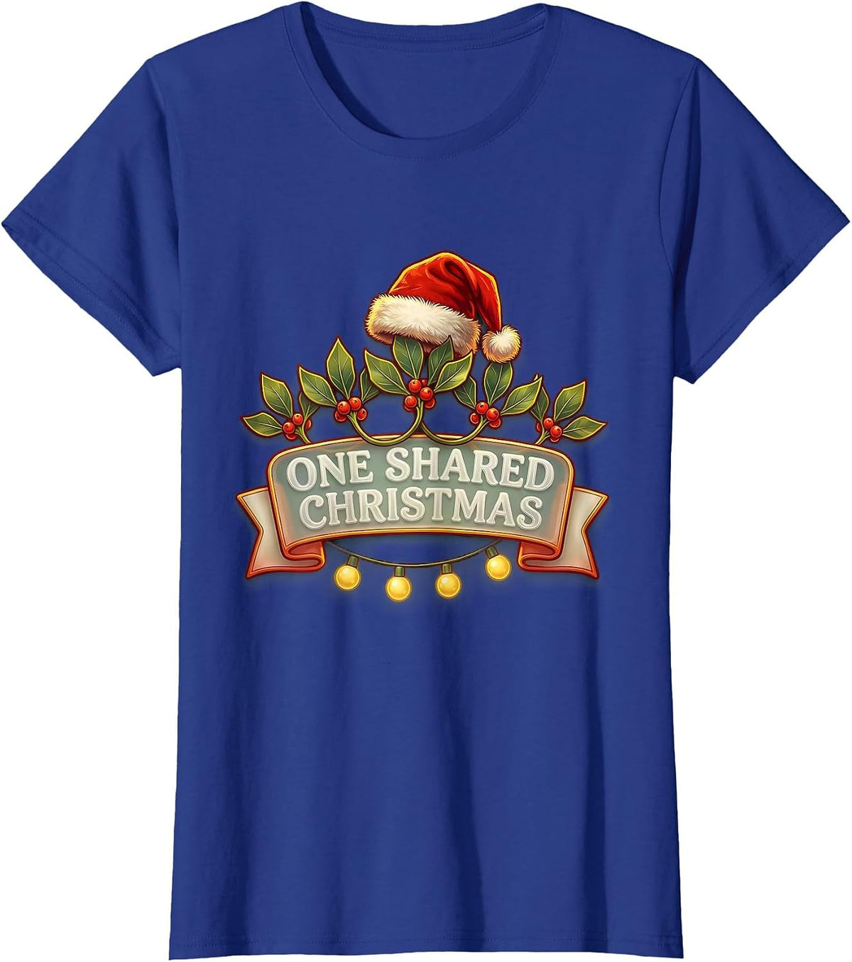 Women's One Shared Christmas Frosted Script Santa Hat Family T-Shirt - Royal Blue