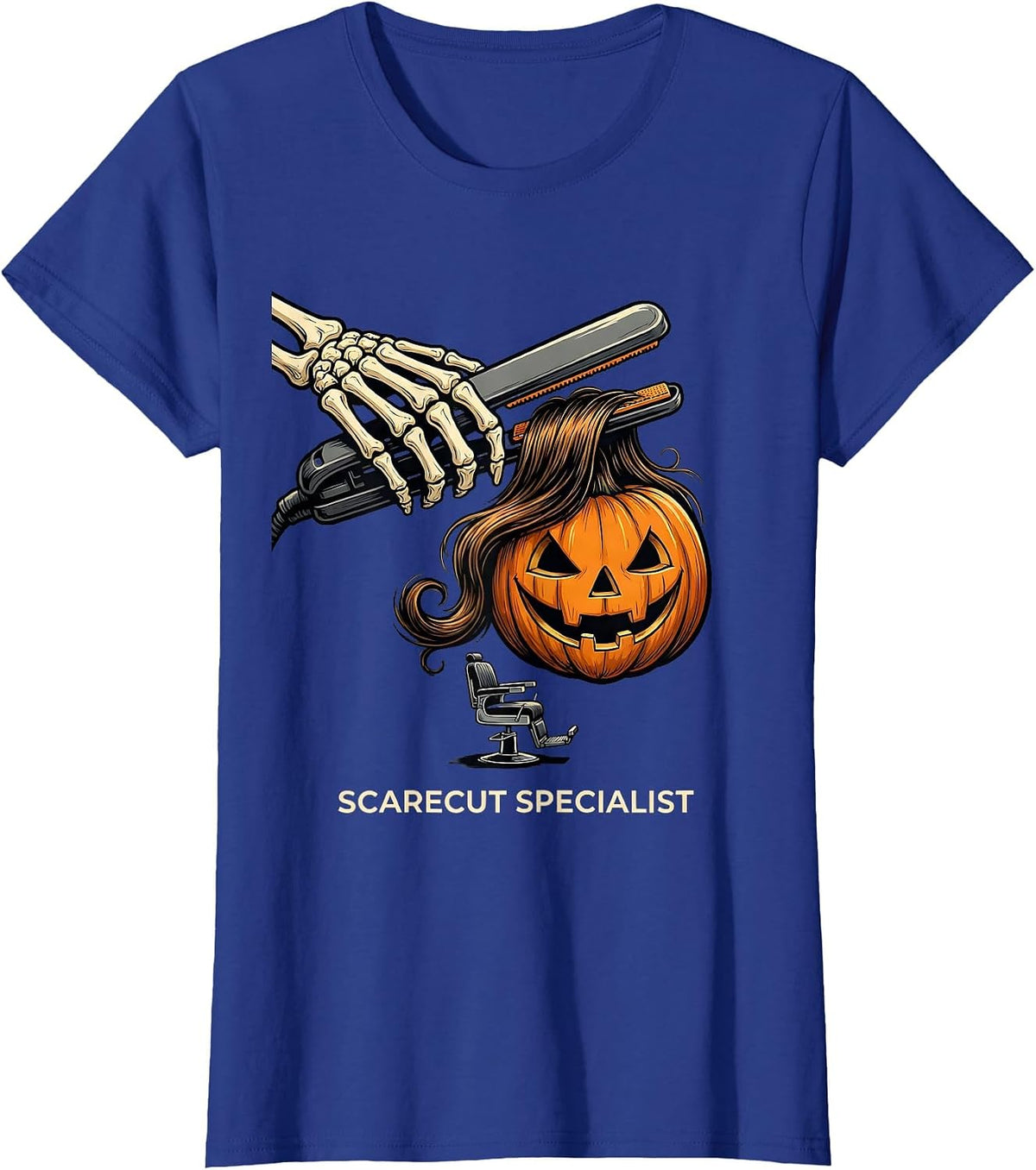 Women's Scarecut Specialist Funny Skeleton Hairstylist Halloween T-Shirt - Royal Blue