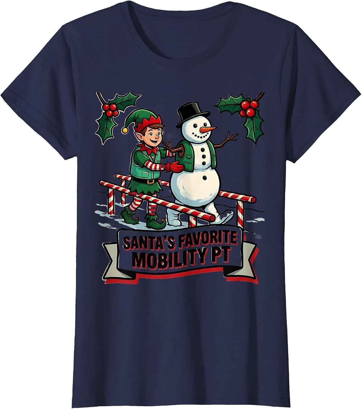 Women's Santa's Favorite Mobility PT Funny Physical Therapist T-Shirt - Navy Blue