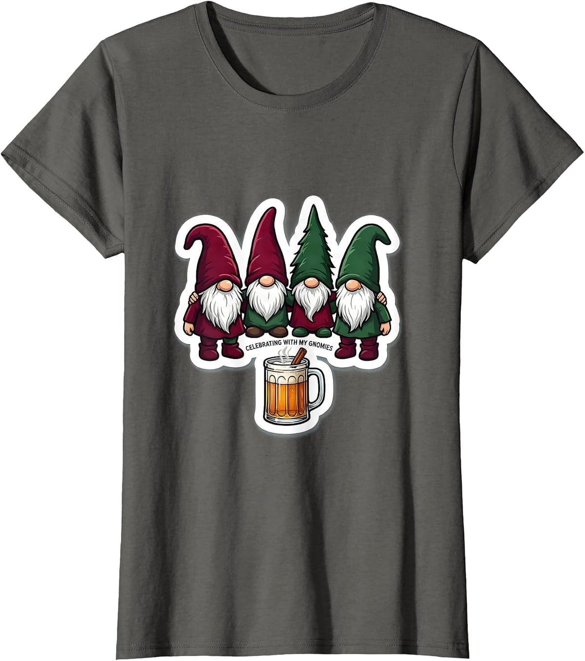 Women's Celebrating With My Gnomies Funny Gnome Friend Christmas T-Shirt - Asphalt Grey