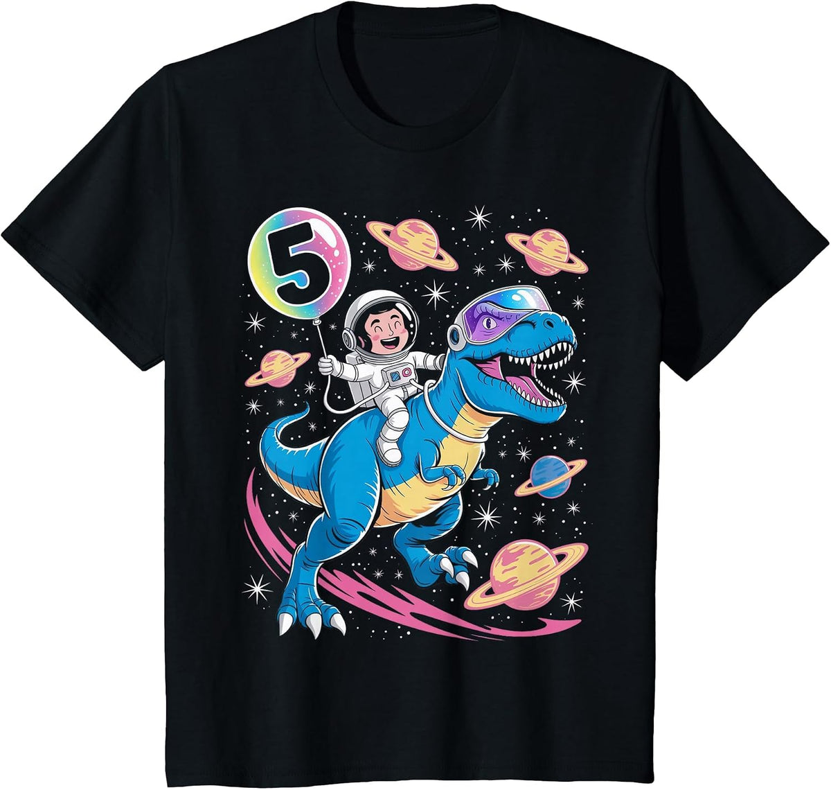 Astronaut Trex Dinosaur 5 Years Old Space Kids 5th Birthday T-Shirt - Black