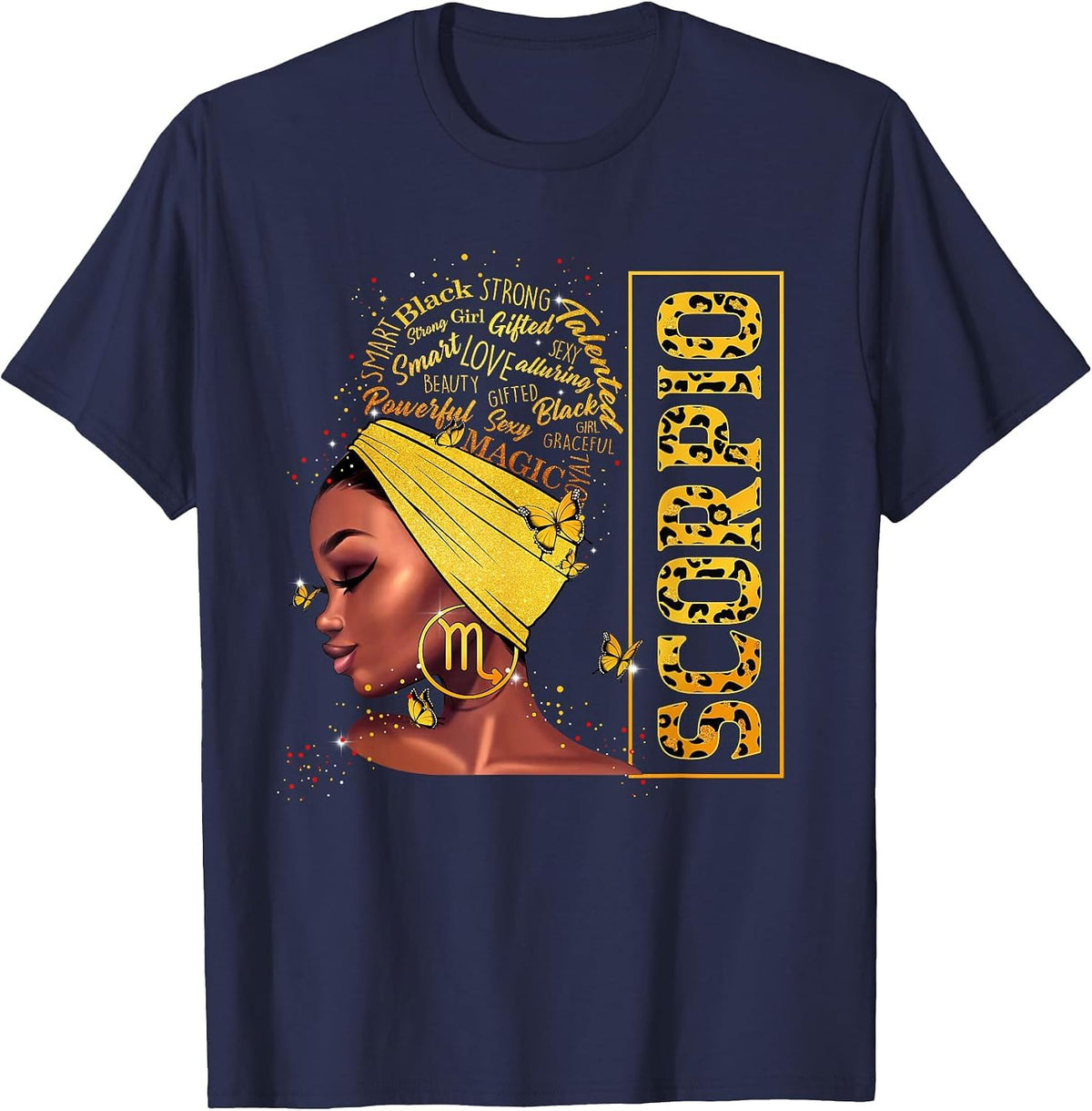 Scorpio Girl Birthday Leopard Melanin Afro Black Queen T-Shirt - Navy Blue