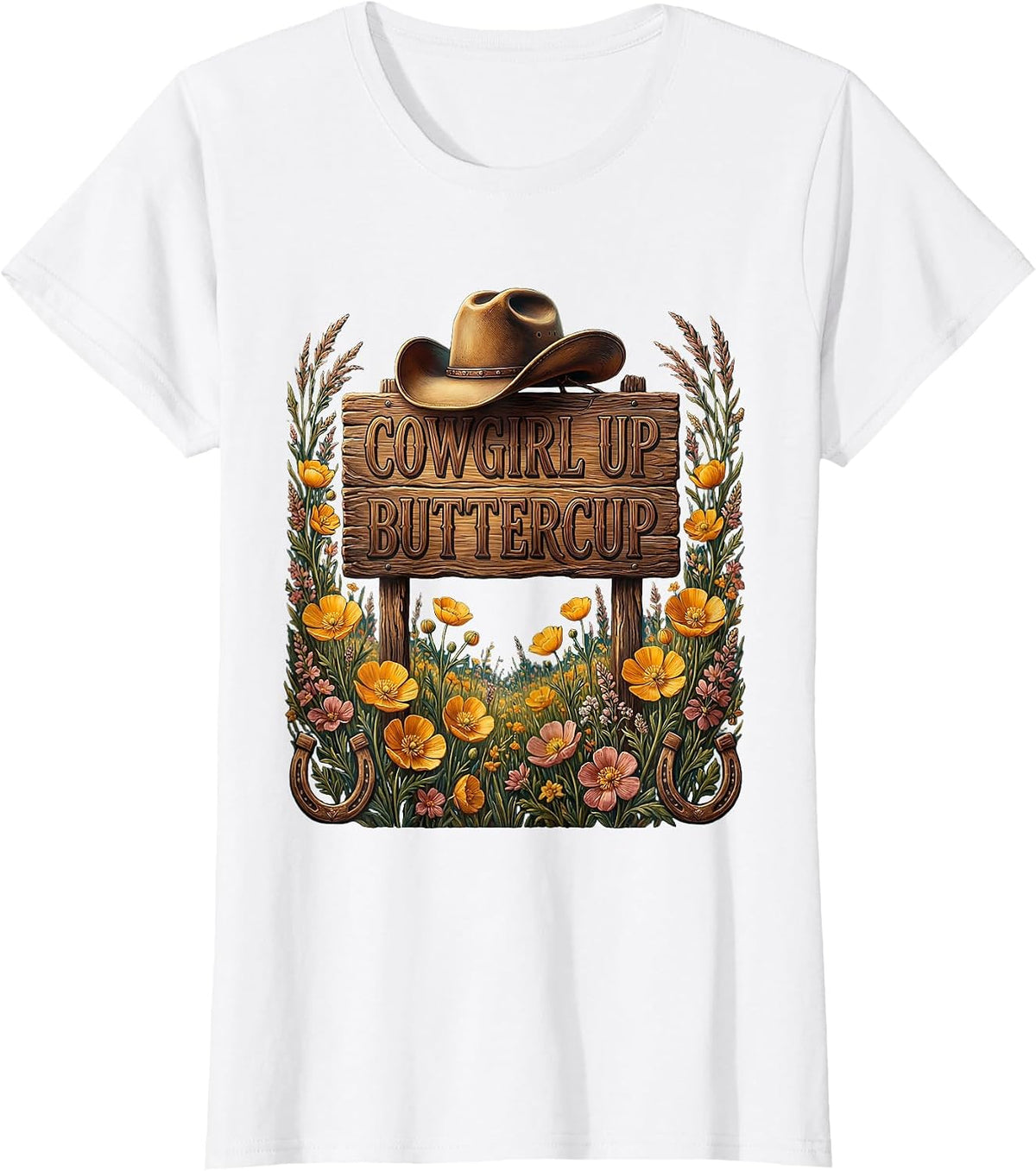 Women's Cowgirl Up Buttercup Western Design T-Shirt - White