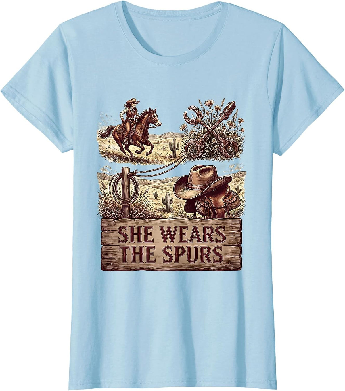Women's She Wears The Spurs Cowgirl Graphic Design T-Shirt - Baby Blue