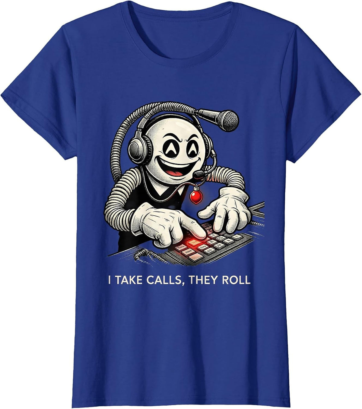 Women's I Take Calls, They Roll Retro Cartoon 911 Dispatcher T-Shirt - Royal Blue